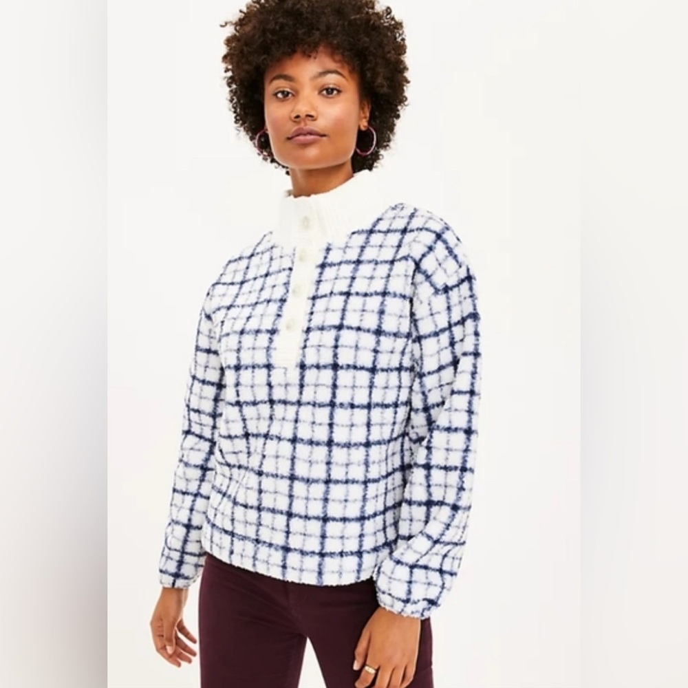LOFT White and Blue Plaid Sherpa Sweatshirt